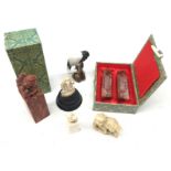 Early 20th century Chinese ivory desk seal with Dragon surmount, two Chinese hardstone desk seals,