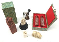 Early 20th century Chinese ivory desk seal with Dragon surmount, two Chinese hardstone desk seals,