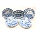 Five 19th century Wedgwood blue transfer plates decorated in the Blue Palisade pattern & matching