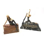 Two Art Deco style figures of ladies on marble bases after Lorenzl H29cm max (2)