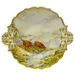 Royal Worcester two handled dish painted with Highland Cattle,