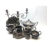 Victorian Sheffield silver on copper three branch candelabra,