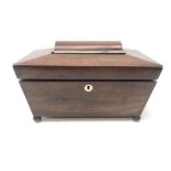 19th century mahogany sarcophagus form tea caddy on brass ball feet,