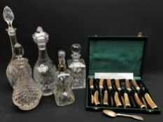 Set of six Dunkeld Stag Horn knife and fork set, Waterford Colleen pattern decanter,