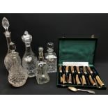 Set of six Dunkeld Stag Horn knife and fork set, Waterford Colleen pattern decanter,