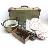 Quantity of old glass marbles, various 18th/ 19th century keys, early 20th century canvas suitcase,