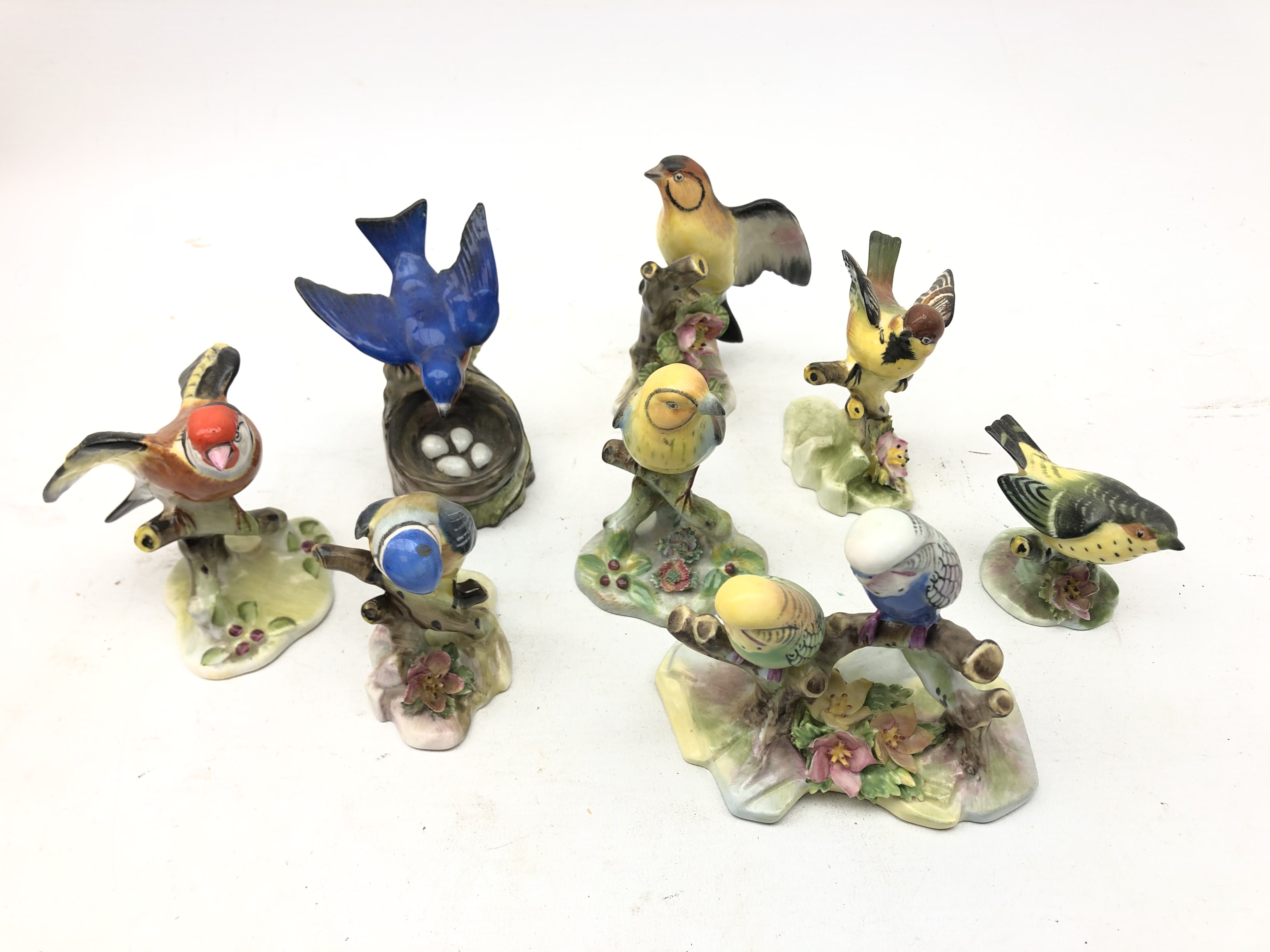 Eight Royal Adderley bird models comprising Yellow Hammers, Goldfinch,