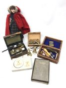 Victorian leather jewellery box containing a 19th centuries Ladies pocket watch, thimbles etc,