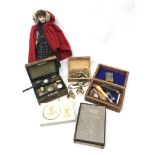 Victorian leather jewellery box containing a 19th centuries Ladies pocket watch, thimbles etc,