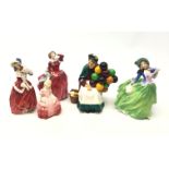 Five Royal Doulton figures: Rose HN 1368, Autumn Breezes HN 1913, Christmas Morn HN 1992,