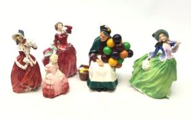 Five Royal Doulton figures: Rose HN 1368, Autumn Breezes HN 1913, Christmas Morn HN 1992,