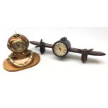 Copper and brass divers helmet clock on oblong oak plinth H20cm and another in the form of an