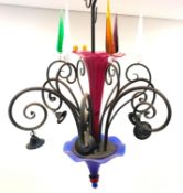 Large 20th century wrought iron and glass six light chandelier, magenta glass trumpet column,