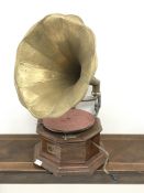 HMV table top gramophone with oak base,