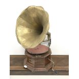 HMV table top gramophone with oak base,