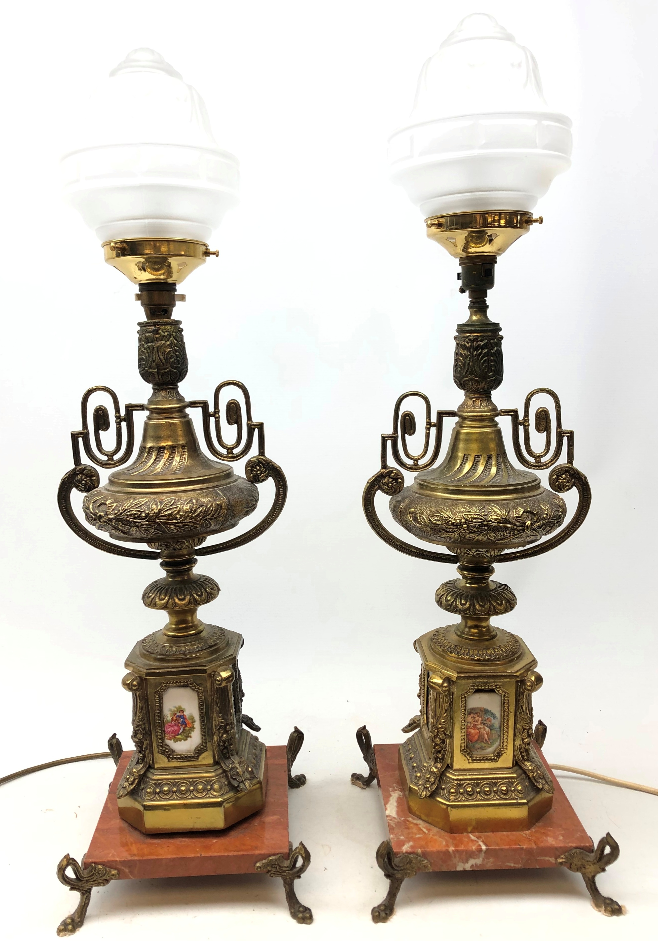Pair French gilt metal and ceramic table lamps,
