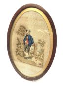 Early 19th century oval needlework of a Gentleman stood with his Dog in mahogany frame with gilt