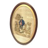 Early 19th century oval needlework of a Gentleman stood with his Dog in mahogany frame with gilt