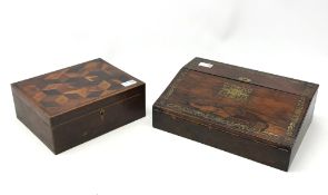 19th century brass inlaid rosewood writing box and a Victorian jewellery box with parquetry top (2)