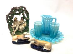Davidson Brideshead pearline blue jug and glass set on tray, L29cm,