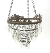 20th century gilt metal bag form chandelier with faceted drops,