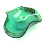Murano green glass trefoil form dish with gold aventurine inclusions,
