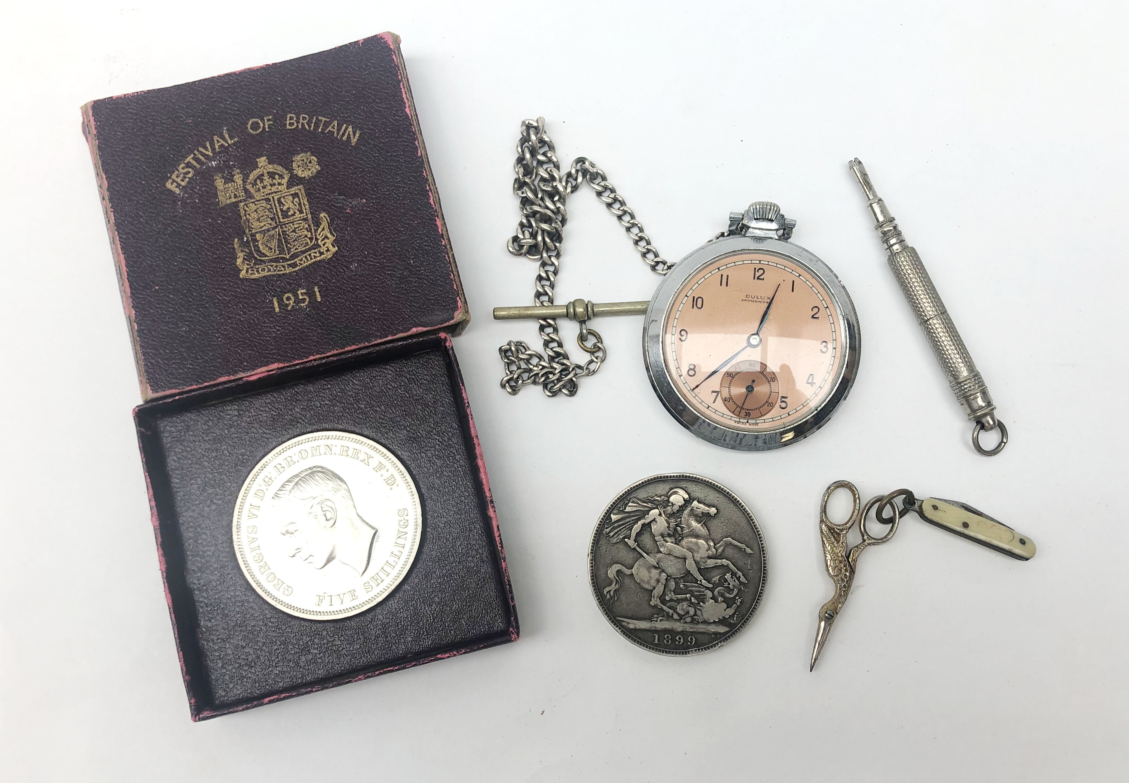 Pair of 19th century silver-plated Chatelaine scissors, propelling pencil and folding fruit knife,