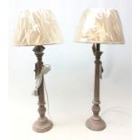 Pair distressed painted table lamps with hessian shades,