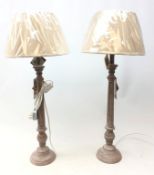 Pair distressed painted table lamps with hessian shades,