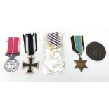 Lusitania propaganda medallion unboxed, and four replica medals - WW1 German Iron Cross 2nd Class,