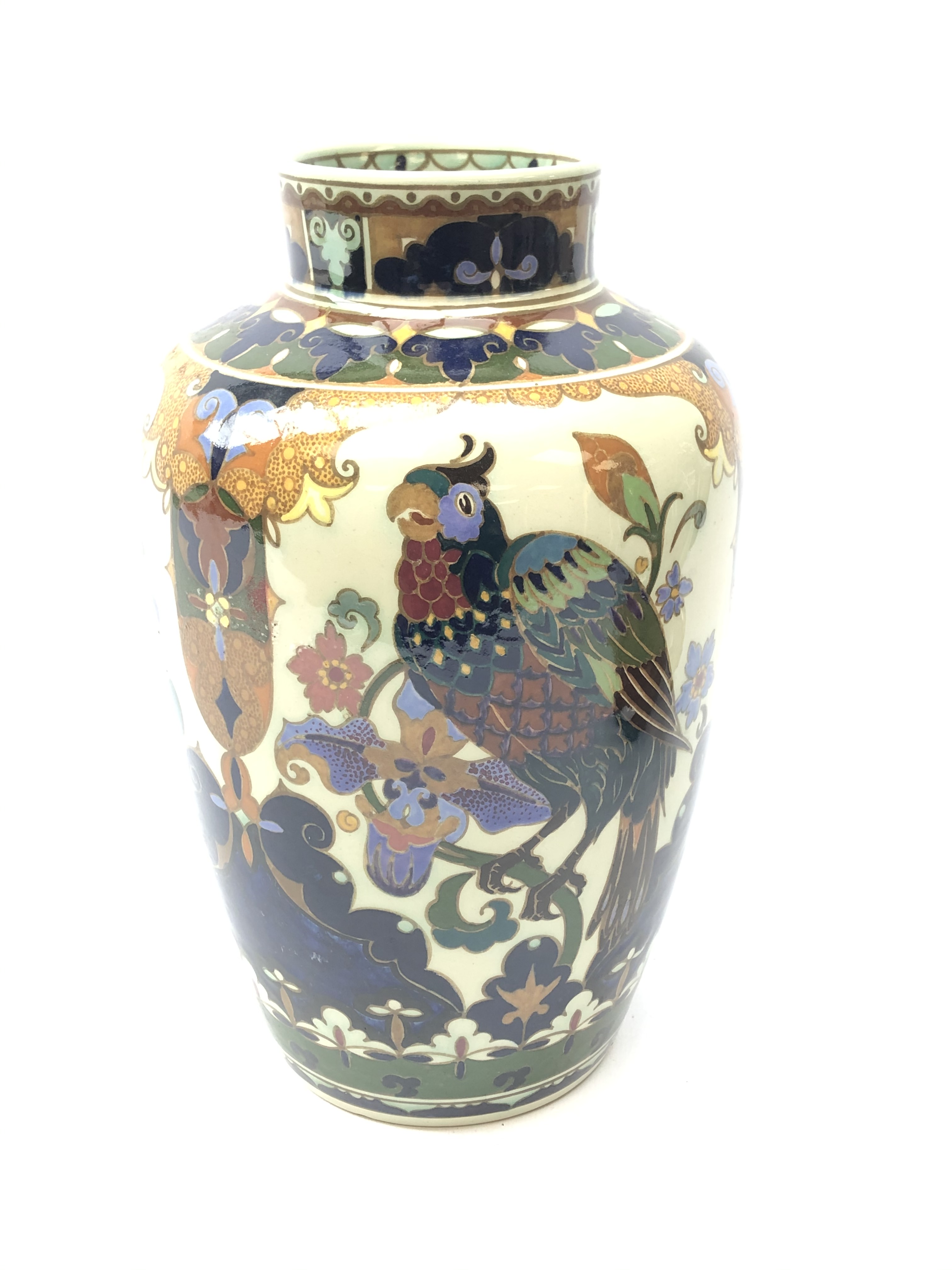 Rozenburg Den Haag vase decorated with exotic birds and flowers on pattern ground, - Image 3 of 5