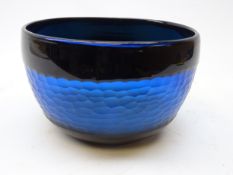Blue art glass bowl with faceted honeycomb style band,