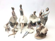 Lladro model of a seated Ballet dancer, another seated on a chair and six Nao Ballet dancers,