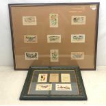 Large framed display of nine WW1 silk postcards including envelope type and named relatives 63 x
