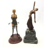 Two Art Deco style figures of ladies on marble bases after Lorenzl H40cm max (2)