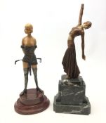 Two Art Deco style figures of ladies on marble bases after Lorenzl H40cm max (2)