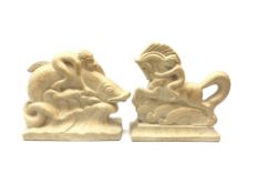 Pair Art Deco style stoneware figures depicting a young boy on horseback and matching figure on a