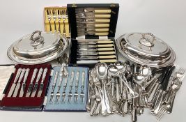 Set of six George III silver teaspoons, set of six matched silver handled fruit knives and forks,