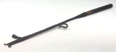 19th century wrought iron rushlight holder with turned fruitwood handle,