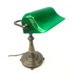 Banker style desk lamp with green glass shade and brushed bronze finish base,