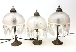 Pair Art Nouveau style bronze finish table lamps with beaded glass shades and matching lamp,