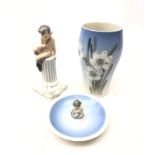 Royal Copenhagen figure of a Faun no. 456, circular pin dish no. 3231 and vase no.