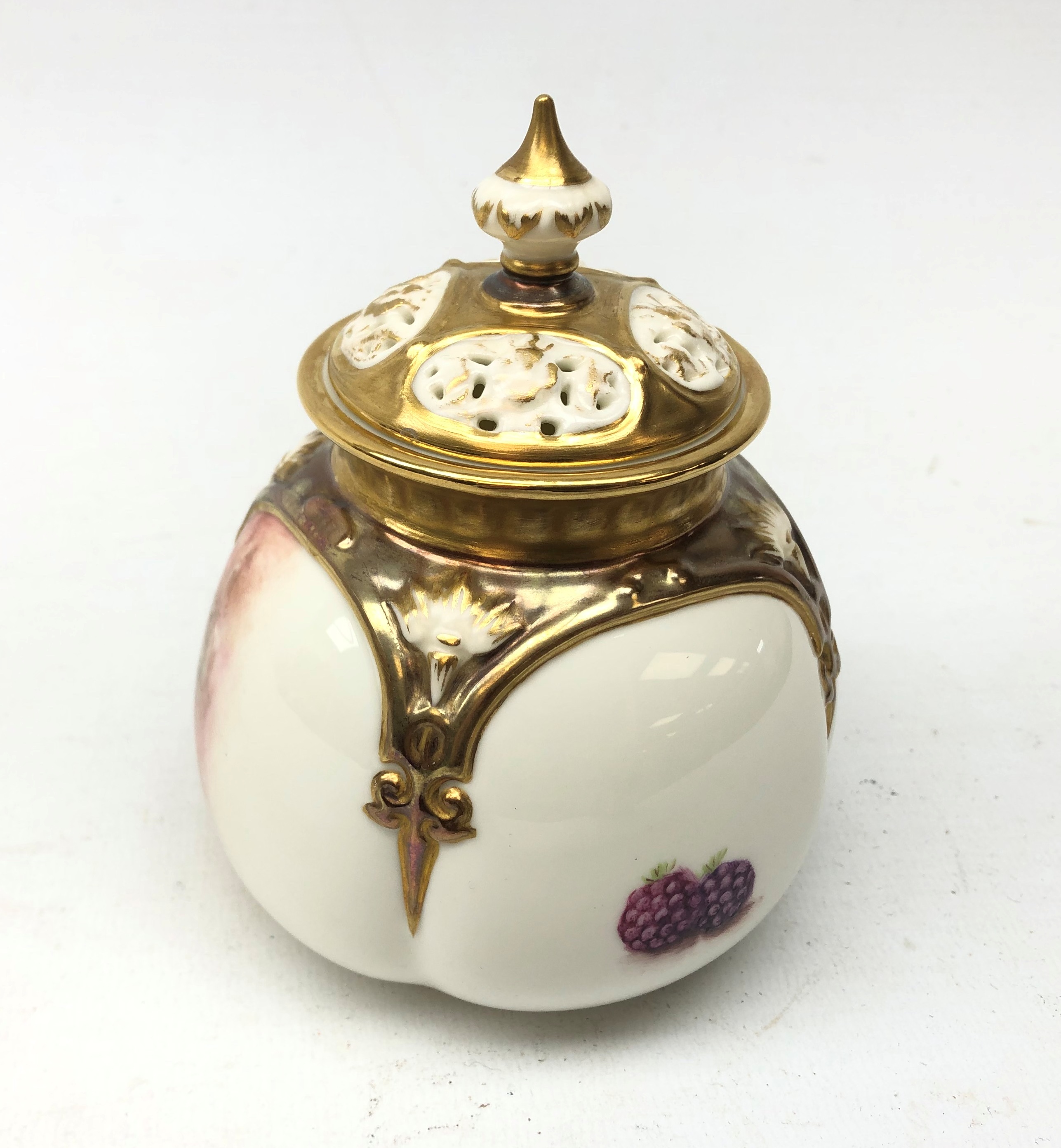 Royal Worcester pot pourri vase and cover hand-painted with fruit by Christopher Hughes, shape no. - Image 3 of 3