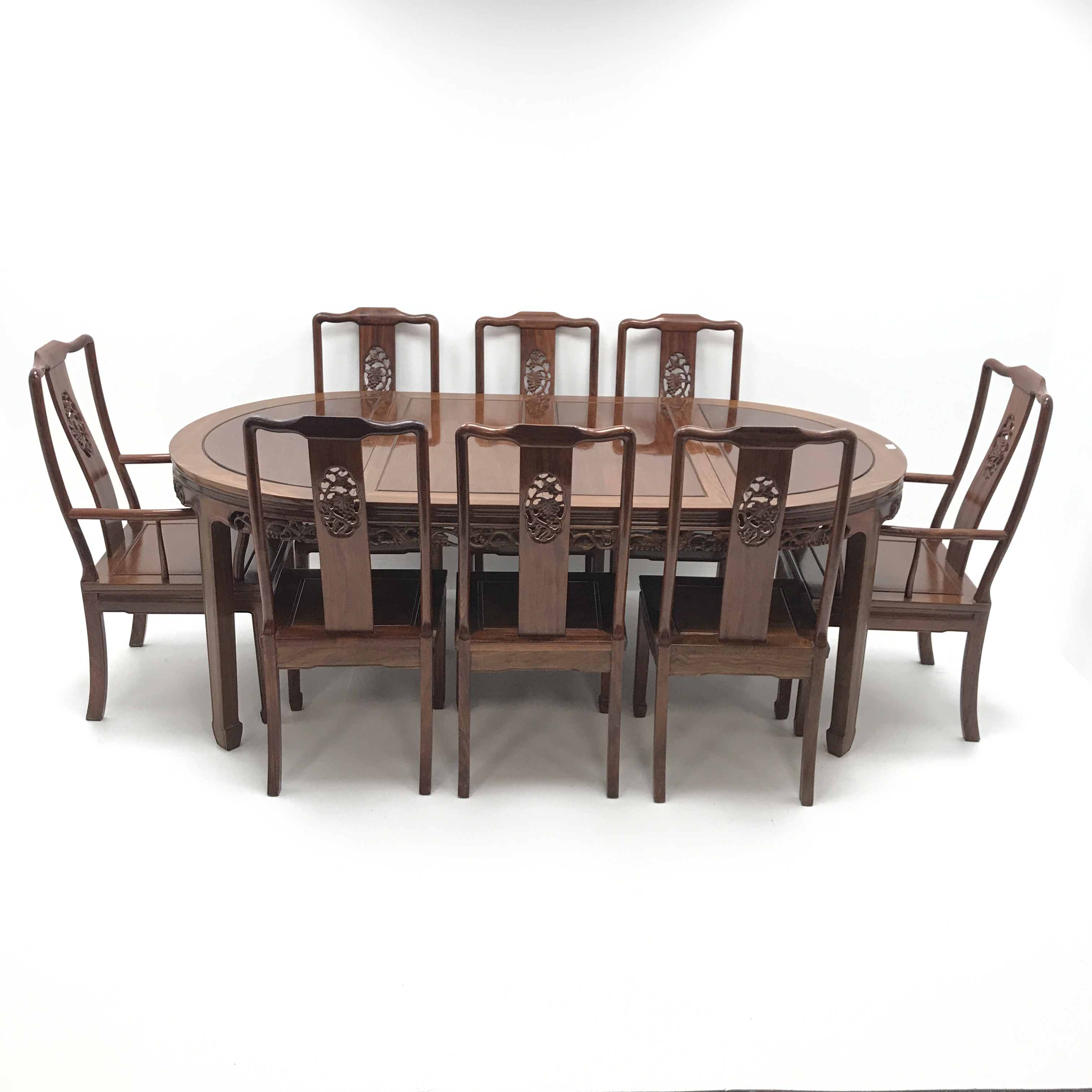 Chinese hardwood extending dining table with two leaves, pierced apron, - Image 2 of 7