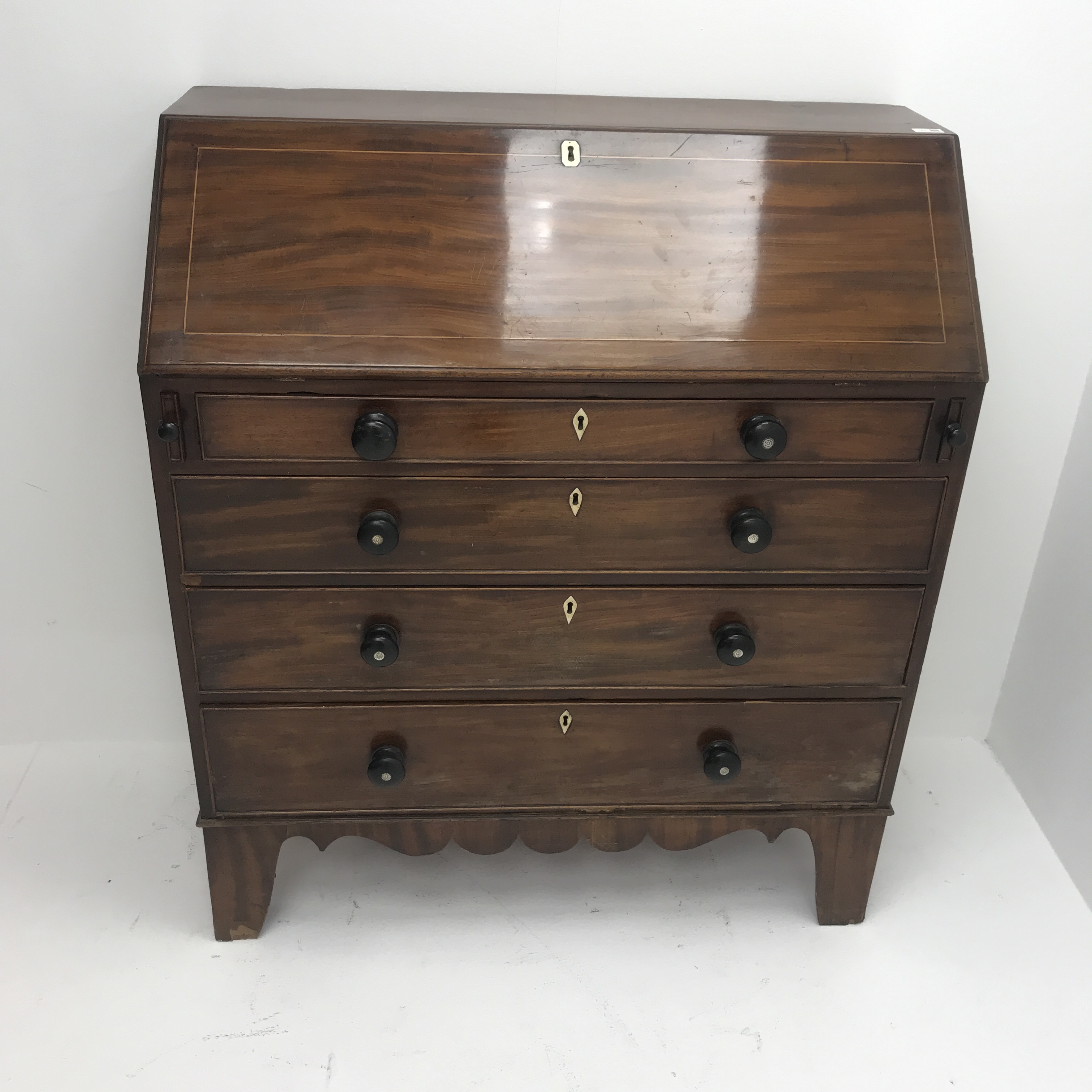19th century inlaid mahogany bureau, fall front enclosing fitted interior, four graduating drawers, - Image 2 of 4