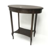 Early 20th century painted oval table, square supports joined by undertier on cabriole legs, W67cm,