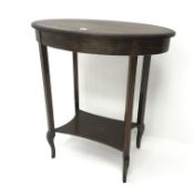 Early 20th century painted oval table, square supports joined by undertier on cabriole legs, W67cm,