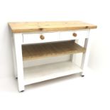 Painted pine kitchen buffet table, two drawers, square supports joined by two tiers, W110cm, h85cm,