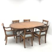Regency style yew wood twin pedestal extending dining table, single leaf,