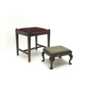 Late 19th century mahogany dressing stool with drop in seat on square supports with stretchers,